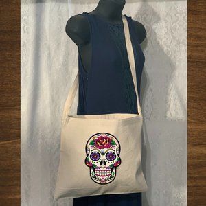 Skull Catrina Cotton Canvas Crossbody Messenger Tote Bag with Long Strap